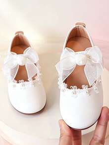 1 Pair Girls Princess Style Flat Ballet Shoes With Lace, Large Bow, Pearl Trim, Soft Sole, Non-Slip, Suitable For School, Party, Formal Occasions - White - View 2