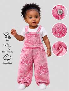 Baby Girl Y2K Denim Overalls, Infant Toddler Pink Stars Washed Baggy Jeans Jumpsuit, All Season Cute Bib Pants Playsuit For 6 Months To 3 Years - Pink - View 3