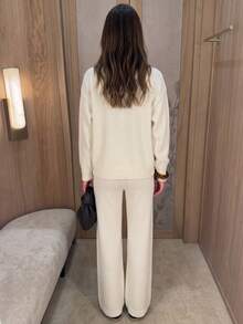 Elegant Minimalist Women's Beige Ribbed Knit Zip-Up Wool Sweater & Wool Wide-Leg Pants Set, Comfortable Autumn Outfit - Cream - View 2