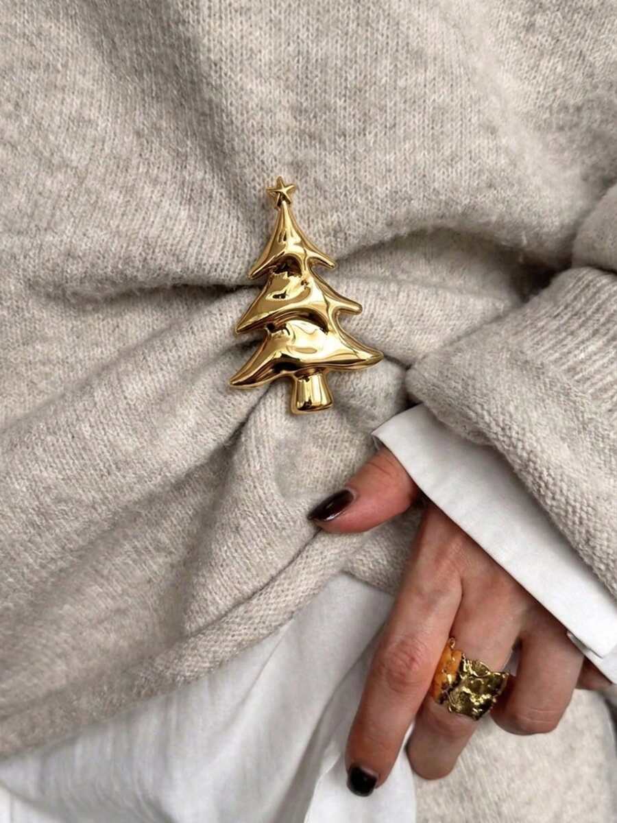 1pc Stainless Steel 18K Gold Christmas Tree Brooch - Gold - View 1