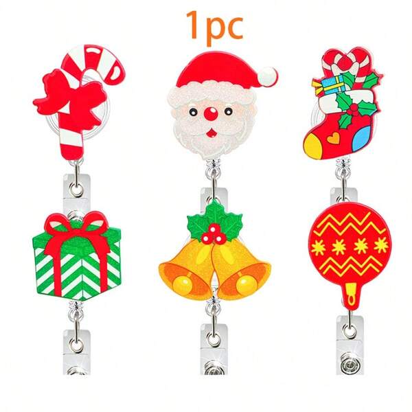 1pc Christmas Candy Bell Sock Acrylic Retractable Badge Reel Santa Claus Healthcare ID Holder