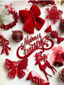 Luxury And Exquisite Red Flocked Christmas Ornament, Christmas Tree Decoration, Snowflake, Reindeer, Bow, Bell Pendant, Christmas Ornament, Christmas Gift. - Multicolor - View 2