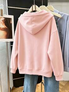 1pc Girls' Zip-Up Hoodie Jacket With Applique Embroidery Print, Suitable For Tween Girl, Autumn/Winter, Campus Style, Homecoming Outfit - Pink - View 3