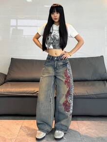 Whisplicity 1件女款寬鬆刺繡寬腿牛仔褲，舒適休閒高街百搭丹寧長褲（不含腰帶/配件）春秋款 - 藍色 - 查看 7
