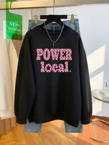 High Street Pink Polka Dot Large Letter Print Black Oversized Crew Neck Sweatshirt, Women's Autumn Apparel - Black - View 2
