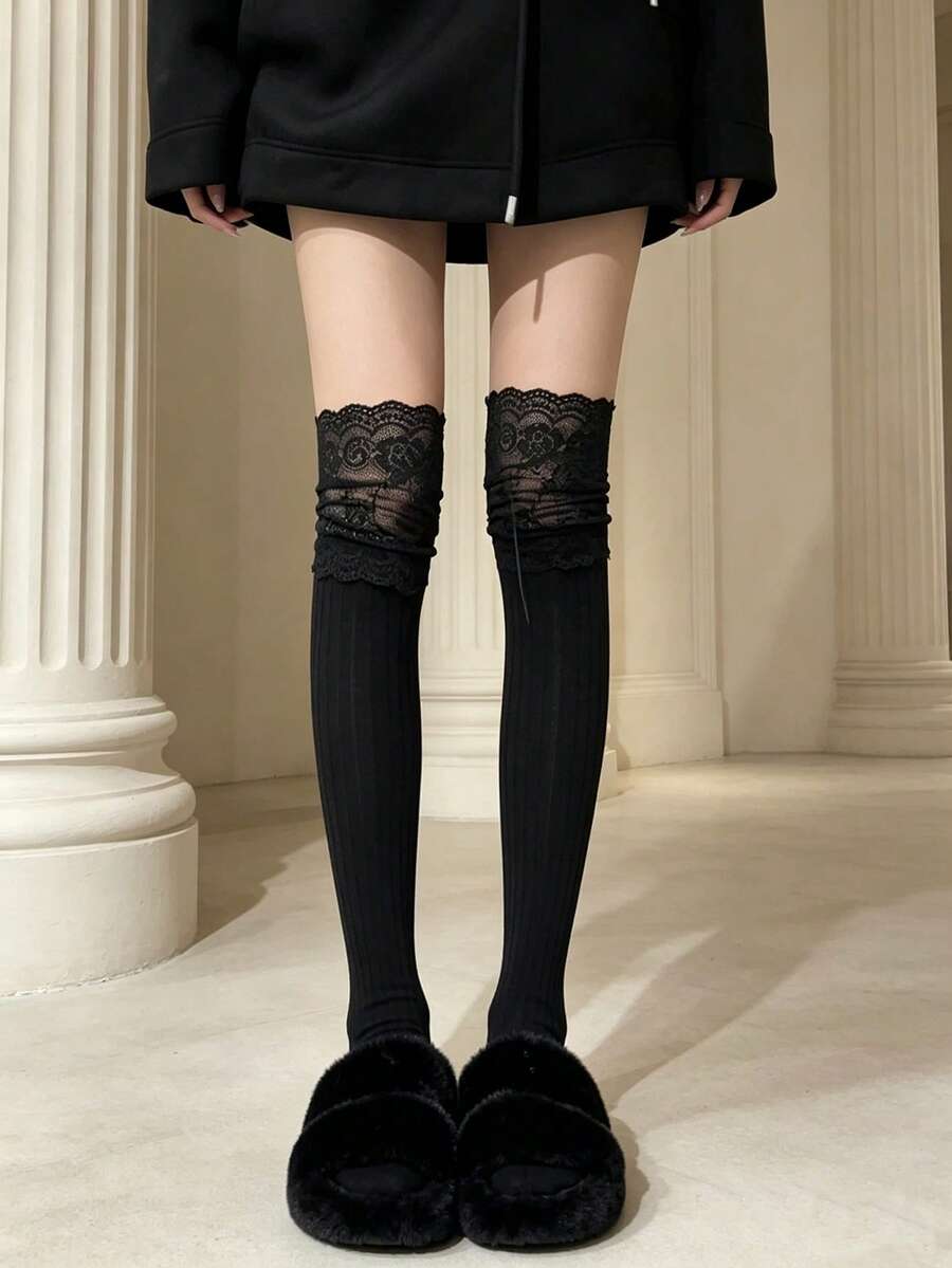 Meias Acima do Joelho Femininas, Meias Altas, Meias Soltas Caneladas com Renda Floral Preta, Estilo Escolar JK Y2K, Cosplay Outono/Inverno - Multicolorido - Visão 1