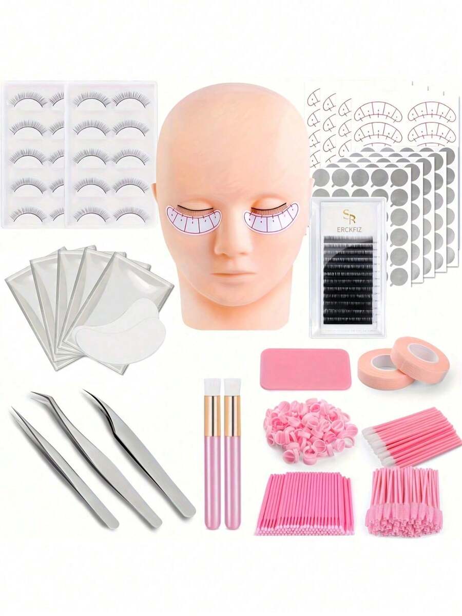 False Eyelash Tool Set, Model Head, Tweezers, Brush, Practice Eyelashes, Dense Eyelash Positioning Stickers, Cleaning Brush, Glue Ring Set, Tools For Beginners To Practice Eyelash Extensions - Dusty Pink - View 1