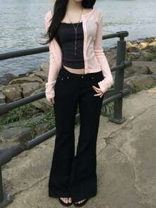 Korean Style Minimalist Round Neck Single-Breasted Long Sleeve Cardigan Top Pink - Pink - View 4