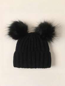 Autumn/Winter Minimalist Versatile Warm Double Pom-Pom Solid Color Kids Knitted Hat & Gloves Set, 2pcs/Set - 2pcs - View 5