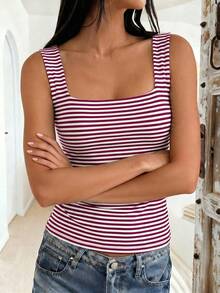 Women's Casual Striped Knit Tank Top, Summer - Red and White Stripes - View 10