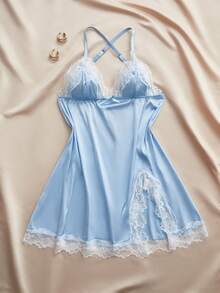 Charlaine 4-Piece Set: Floral Lace And Satin Camisole Bra Briefs Shorts And Camisole Nightdress-Autumn/Winter Loungewear Comfortable And Romantic - Baby Blue - View 14