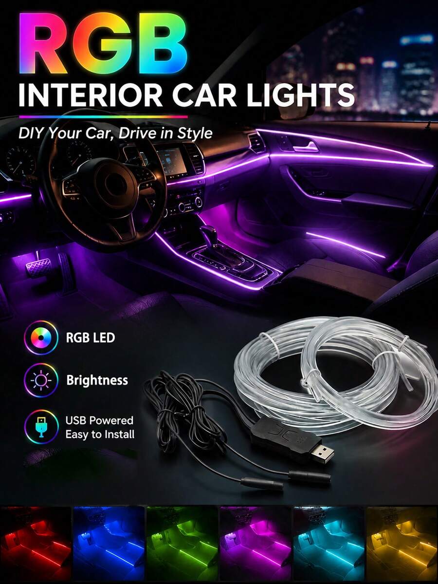 RGB Interior Car Lights USB Plug-In Interior LED Strip With Remote Control Sound Active Function RGB Fiber Optic For Car Interior Light Ambient Lighting