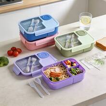 1pc Microwaveable Compartment Lunch Box With Utensils, Unisex, Suitable For Students, Includes Utensil Set, Bento Box, Microwaveable, Leak-Proof, Food Container (Pink), Kitchen Supplies, Christmas Gift - Multicolor - View 4