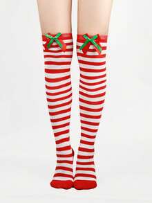 4/3/1 Pairs Christmas Striped Solid Color Bow Pom Pom Deer Head Green Red Cute Holiday Over Knee Thigh High Socks - Multicolor - View 20