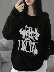 Women's Fashion Autumn/Winter Loose Minimalist Versatile Letter & Cartoon Print Long Sleeve T-Shirt Casual - Black - View 1