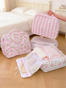 Large‑Capacity Clothes Packing Cube With Mesh Compartment,Floral Strawberry Quilted Travel Storage Bag Clothing Sorting Container For Vacation - Multicolor - View 1