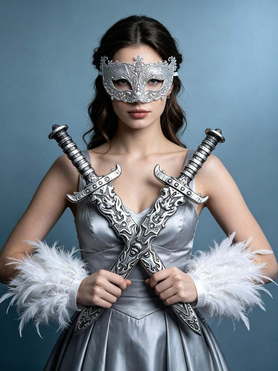 Adult Makeup Party Accessory Set, Hollow Sequin Half-Face Mask, Fluffy Feather Cuffs, Decorative Sword, Suitable For Halloween Stage Performances - Multicolor - View 1