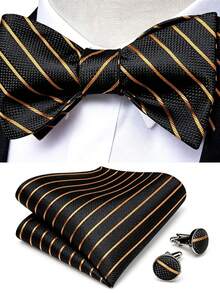 Dasi Kupu-kupu Bergaris Paisley untuk Pria, Sutra, Dasi Kupu-kupu Siap Pakai, Sapu Tangan Saku, dan Manset Set untuk Acara Formal, Pesta Pernikahan, dan Prom. - emas hitam - View 2