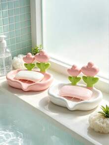 1pc Pink & White Floral Pattern Soap Dish, Flower Shaped Drainage Soap Holder, Slanted Drainage Design, Bathroom Countertop Soap Storage Decor, Home Daily Use - Multicolor - View 5