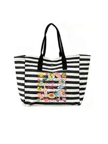 Large-Capacity, Retro-Style Tote Bag Featuring Stripes And Cute Letter Prints-Perfect For Women And An Excellent Gift Choice. - Multicolor - View 14