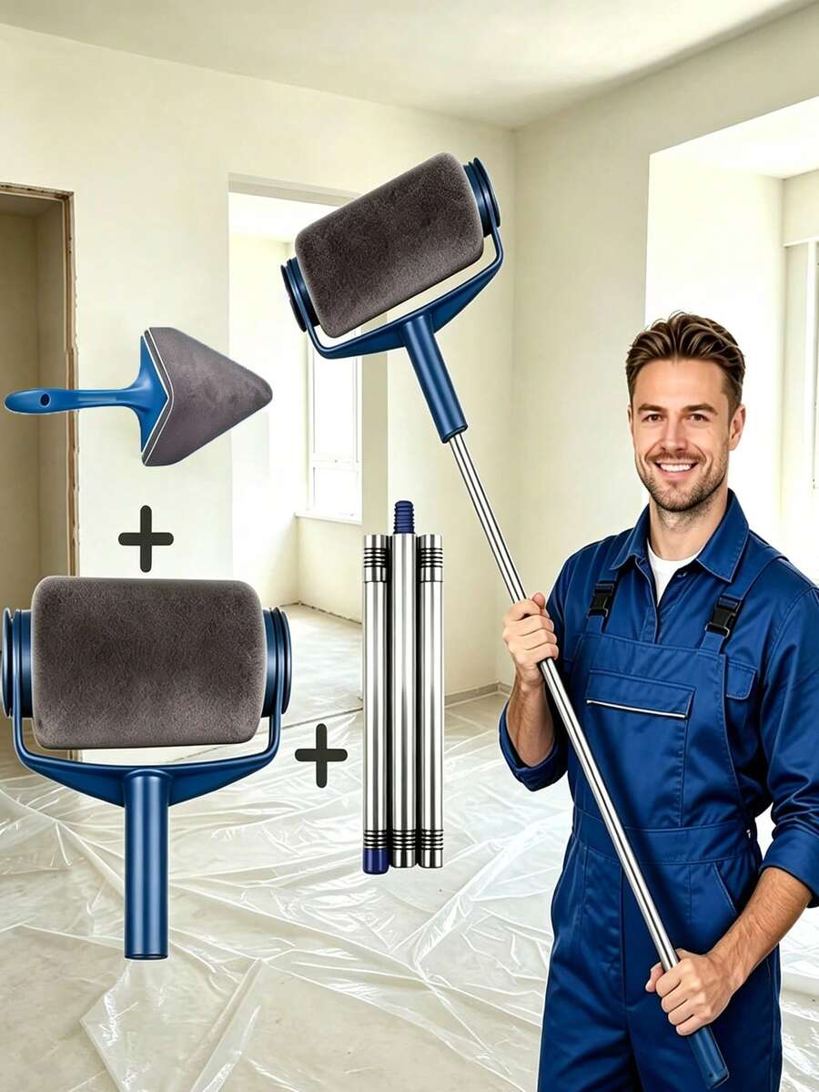 Multi-Functional Paint Roller Kit - Roller Brush + Extension Pole + Triangular Gap Brush, High-Density Brush Head For Even Application. Suitable For Latex And Wall Paints, Easy To Operate. Ideal For Wall Patching, A Gift For Decoration Workers