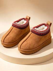 1 Pair Children's Woven Lace Snow Boots, Thickened Thermal Lined, Simple Fashion Soft Sole Anti-Slip Warm Ankle Boots For Autumn/Winter - Brown - View 4