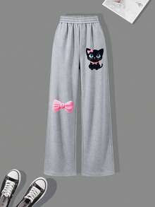2pcs Girls Straight Leg Casual Sports Pants, Cute Cat, Bow And Milk Pattern, Comfortable Autumn/Winter New Fashion Long Pants - Multicolor - View 4