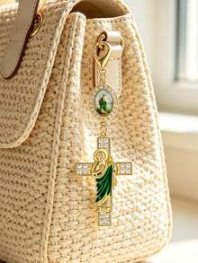 St. Benedict Keychain, Key Ring, Decorated With Small Flower Cross, Pearl And Diamond Amulet - Cross Keychain, Bag Charm, Cross Pendant, Decorative Wallet Backpack Accessory, Earphone Case Accessory, Decorative Keychain With Ring Clip, Suitable For Luggage And Car - Single Piece Ornament, Inlaid With Pearl, Diamond And Romantic Elements, Unique Gift For Thanksgiving And Christmas For Family, Mother, Female Friends Or Even Yourself - Multicolor - View 8