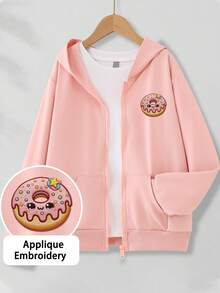 Cute Sweet Style Girls' Full Zip Hooded Sweatshirt Jacket, Donut Patch Embroidery Loose Fit Hooded Jacket, Spring/Autumn - Pink - View 2
