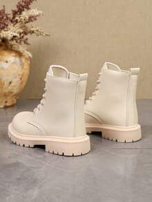 1 Pair Kids' Beige Ankle Boots, Soft PU + Front Lace-Up Design, Casual Cargo Style Style Motorcycle Boots, Suitable For Daily School, Vacation, Autumn/Winter New - Beige - View 8