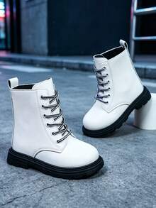 1 Pair Kids British Ankle Boots, Soft PU + Front Lace-Up Design, Round Toe Thick Sole Height-Increasing Casual Daily Style School Boots, Suitable For School And Vacation, Autumn/Winter New - White - View 4