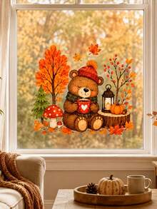 1pc Autumn Forest & Bear Window Sticker, Illustration Style Window Decor, Pumpkin Mushroom Pine Tree Lantern Berry Elements Glass Decal - D - View 1