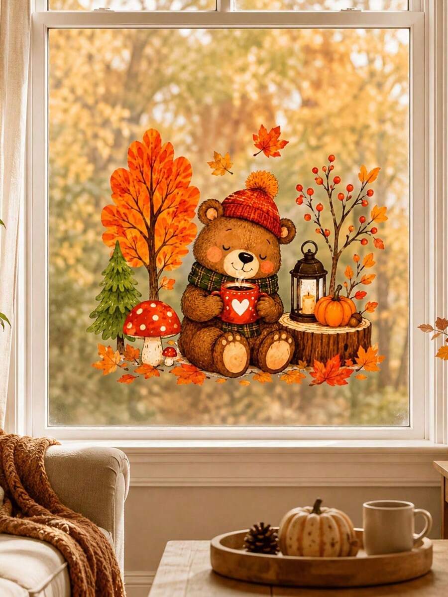 1pc Autumn Forest & Bear Window Sticker, Illustration Style Window Decor, Pumpkin Mushroom Pine Tree Lantern Berry Elements Glass Decal - D - View 1
