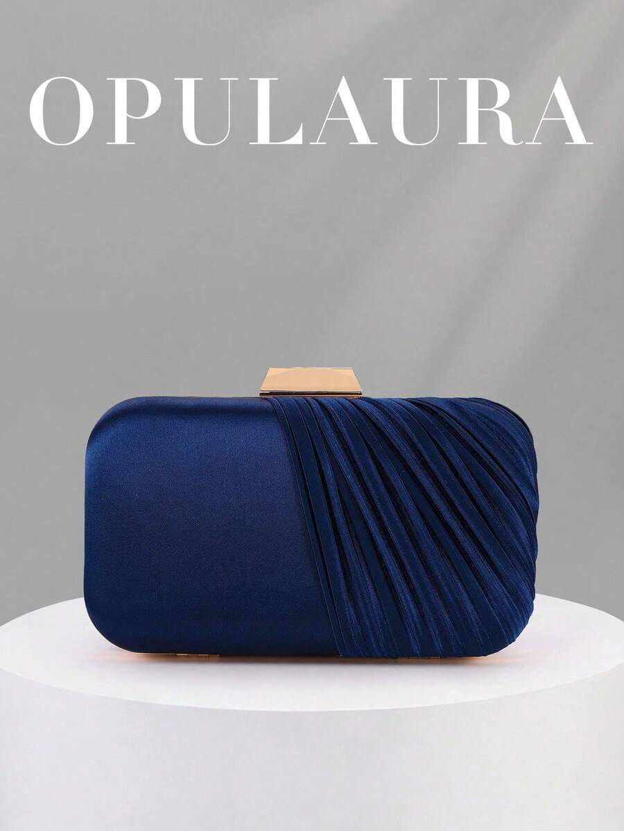OpulAura Vintage Elegant Satin Clutch Bag, Pleated Design Fashion Evening Dress Purse, Charming & Refined Formal Party Handbag, Luxury Box-Shaped Small Bag, Suitable For Party/Wedding/Formal Occasion Dinner, With Chain Strap For Shoulder Or Crossbody Wear - Navy Blue - View 1