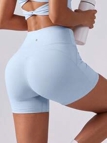 VUTRU 1pc High Waist Tight Fit Sports Shorts With Hidden Back Pocket, 3/4 Length Running Fitness Shorts - Baby Blue - View 4