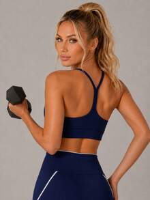 Sodalemon Women's Deep Blue Y-Back Spaghetti Strap Sports Bra, Round Neck Low-Impact Fitness Bra, Suitable For Yoga, Pilates, Gym And Daily Workout - Navy Blue - View 9