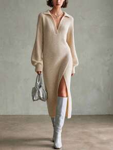 Women's Fall Winter Oatmeal Polo Collar V-Neck Lantern Sleeve Side Slit Fuzzy Knit Midi Dress, Relaxed Fit Elegant Casual Daily Office Commute Wear - Apricot - View 1