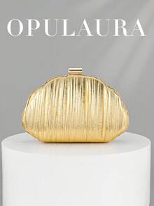 OpulAura 女款極簡貝殼造型奢華 PU 皮革手拿包，優雅迷人的晚宴包，閃耀夜色手拿包，雞尾酒會包，正式派對包，浪漫婚禮附鏈條手拿包 - 金色 - 查看 1