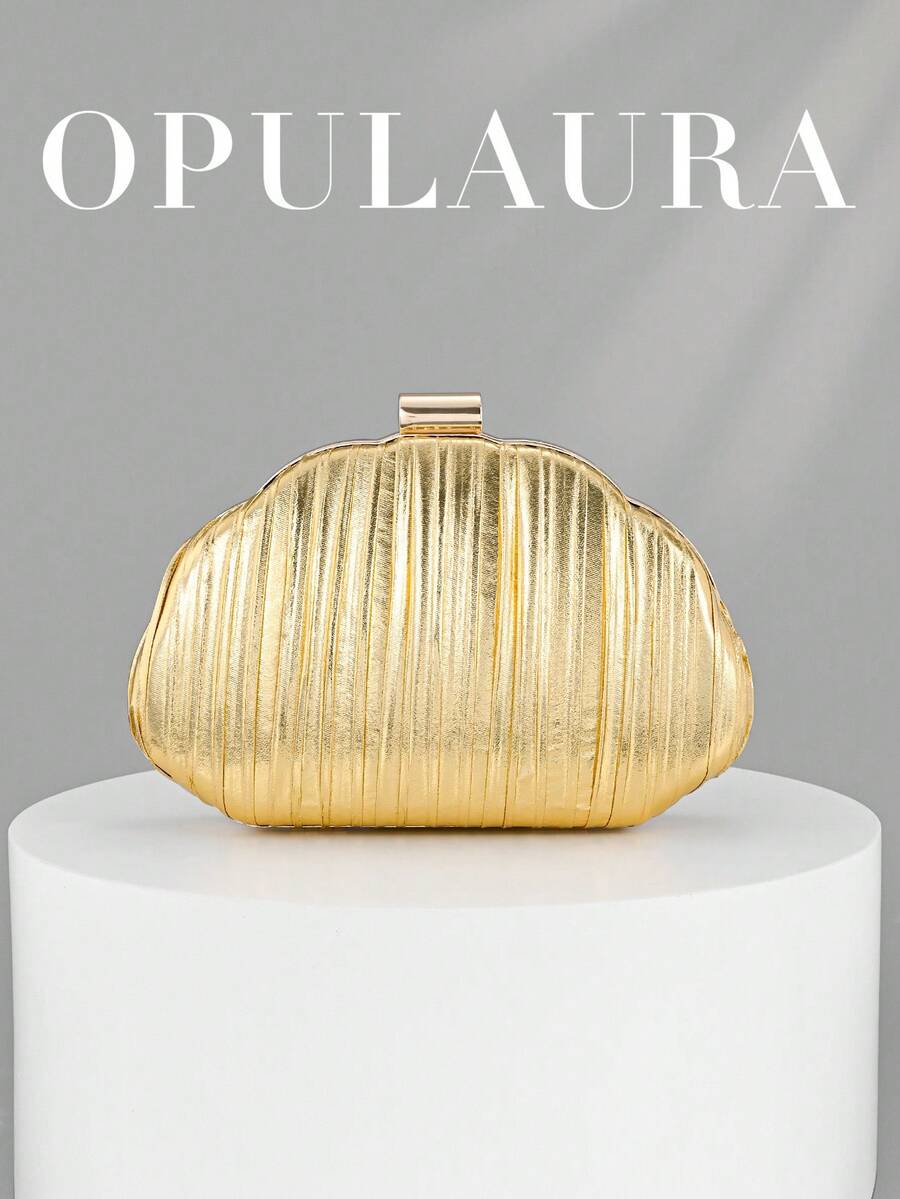 OpulAura 女款極簡貝殼造型奢華 PU 皮革手拿包,優雅迷人的晚宴包,閃耀夜色手拿包,雞尾酒會包,正式派對包,浪漫婚禮附鏈條手拿包 - 金色 - 查看 1