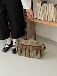 Tote Bag With Multiple Pockets And Buckle Decor, Layered Design With Partitioned Storage For Organized Personal Items, Handheld Style With Vintage Flair, Spacious And Elegant Silhouette, Suitable For Daily Commute And Outings, Easily Matches Various Outfits For A Casual Vibe - Green - View 7
