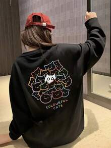 Women's Fashion Autumn/Winter Loose Minimalist Versatile Cute Colorful Cat Print Long Sleeve T-Shirt Casual - Black - View 2