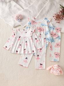 4pcs/Set Baby Girl Pajamas, Sleepwear, Home Wear, Cute Pattern Print, Sweet Lady Style, Spring/Autumn/Winter, Multi-Set - Multicolor - View 3