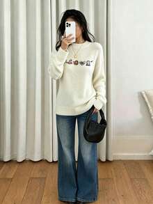 LOVE JOYY Women's Autumn Winter Halloween Faux Embroidery Crew Neck Sweater Drop Shoulder Loose Pullover For Daily Festival - Beige - View 4