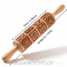 1Pc 13.7 Inch Wooden Embossed Rolling Pin, Square‑Grid Floral Engraved Dough Roller, Cookie Biscuit Imprint Mold, Household Baking Tool, Ideal For Party, Wedding, Festival & Gift - Multi-color - Dark Window Film - View 2