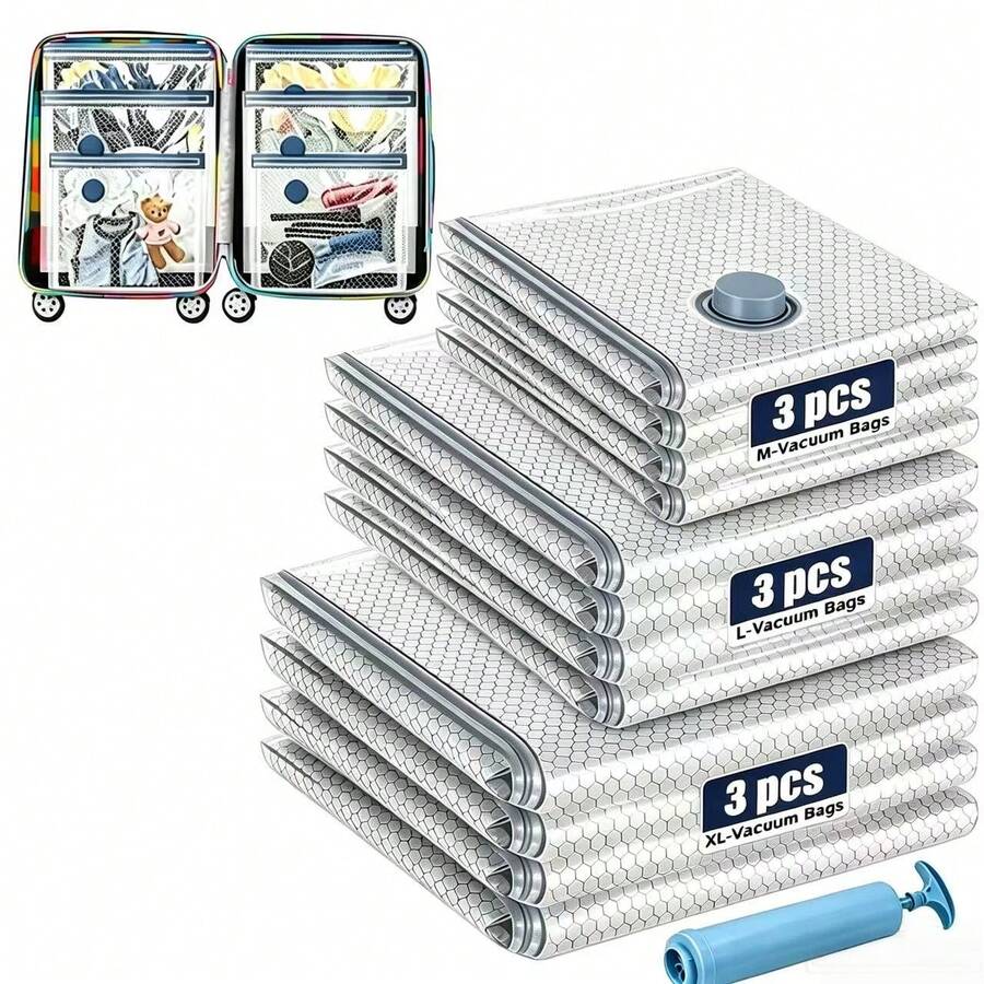 Grup Erik 9 Pack Vacuum Storage Bags (Includes 1 Random Blue Manual Pump) - 3 Extra Large, 3 Large, 3 Medium Reusable Compression Bags For Clothes, Blankets, Quilts, Pillows And Travel Space-Saving Vacuum Sealed Bags, Portable Compression Bags For Luggage And Travel Organization, Space-Saving - Grey - View 1