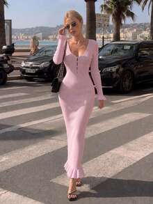ALA Women's Autumn Light Nude Pink Deep V-Neck Hollow Out Frog Button Long Sleeve Knit Dress, Street Style Dating Vacation Slimming Elastic Fall - Pink - View 11