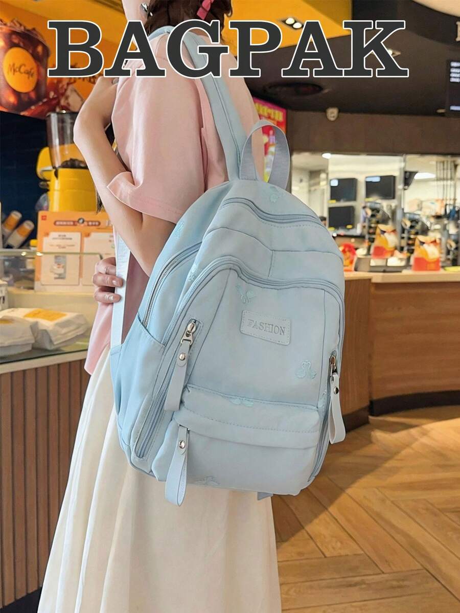 1pc Mini Butterfly Embroidered Backpack, Casual Campus Style Multi-Compartment Multi-Zipper Pocket Daily Bag, Suitable For School Commute And Daily Outings - Multicolor - View 1
