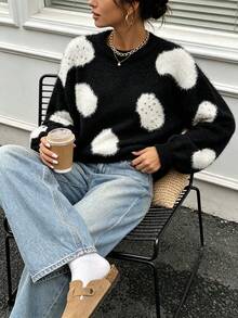 Women's Round Neck Color-Block Cloud Jacquard Drop Shoulder Long Sleeve Loose Knit Pullover With Rhinestone, Soft Plush, Autumn Winter Daily Fashion - Black - View 4