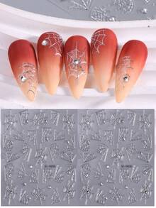 2 Folhas de Adesivos Metálicos Prateados de Teia de Aranha para Halloween, Padrão de Teia de Aranha 3D Oca Autoadesiva, Decorado com Strass, Estilo Gótico Assustador, Acessórios de Decoração de Arte de Unhas com Tema de Halloween para Mulheres DIY - Prata - Visão 9