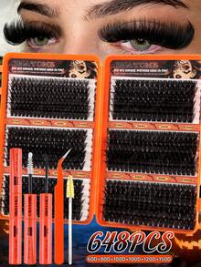 648/684/720pcs Natural False Eyelashes, Made Of Faux Mink Fur Material, With Lightweight, Soft And Comfortable Eyelash Clusters. Equipped With Eyelash Tools, It Can Create A Natural And Beautiful Effect. Suitable For Halloween And Christmas. - Multicolor - View 2